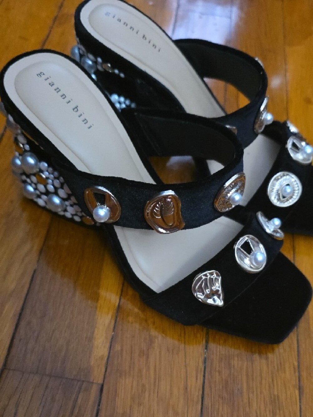 Gianni Bini Black Embellished Pearl Block Heel Sandals